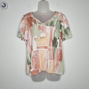Entro Abstract Brushstroke V-Neck Top Peach Sage & Cream Ruffle Cap Sleeve M